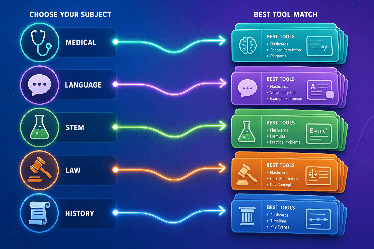 A decision-path illustration showing five study subjects (Medical, Language, STEM, Law, History) with glowing arrows leading to recommended flashcard tool clusters.