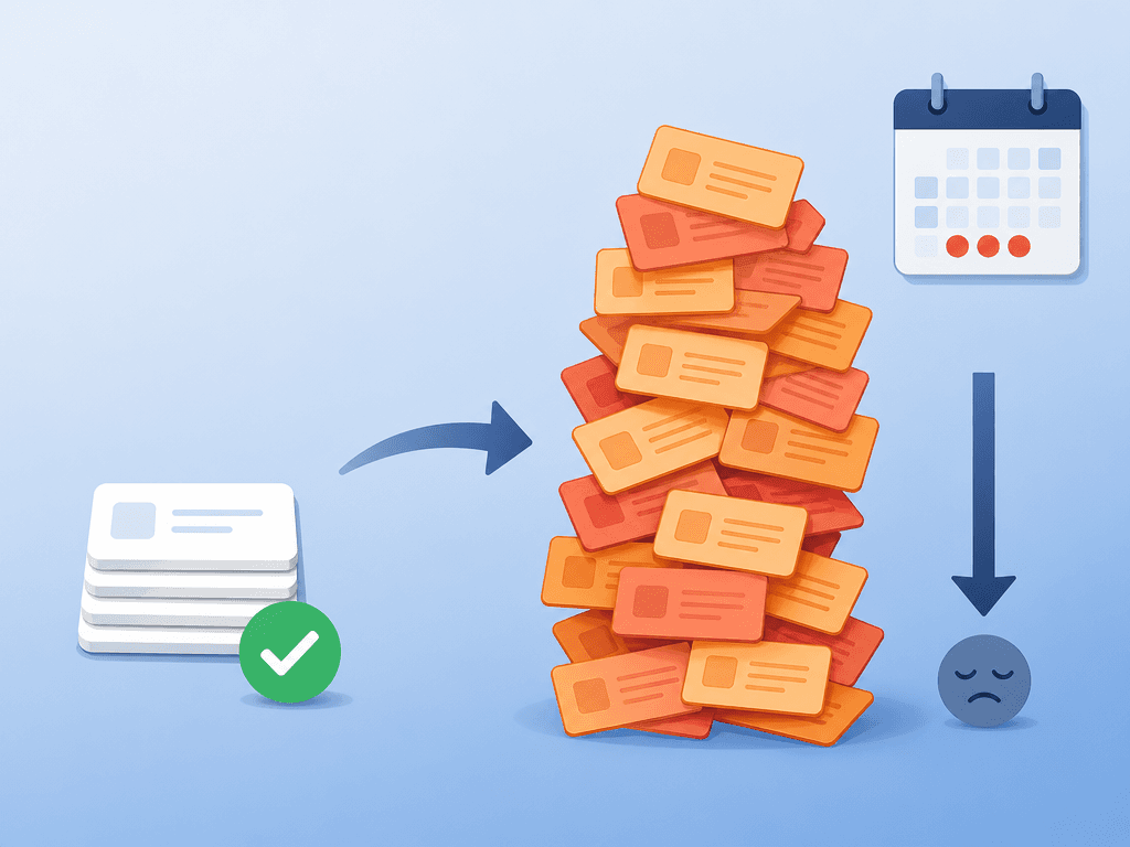 Flat vector illustration showing a small neat stack of green-checked flashcard icons on the left transforming into a tall chaotic tower of overlapping orange and red card icons on the right, with a small calendar showing missed days and a downward arrow suggesting user fatigue, on a muted blue background.