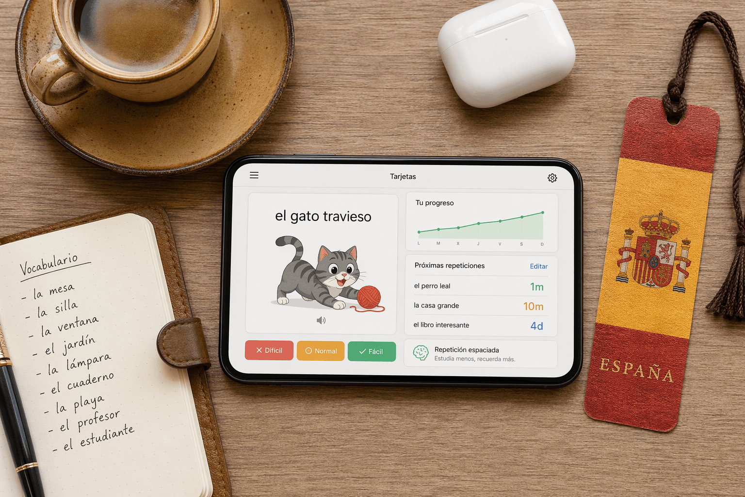 A flat-lay composition showing a smartphone displaying a Spanish flashcard app with 'el gato travieso' and a cartoon cat on one side, a spaced repetition dashboard on the other side, surrounded by a coffee cup, a leather notebook with handwritten Spanish vocabulary, AirPods case, and a Spanish flag bookmark on a warm-toned surface.