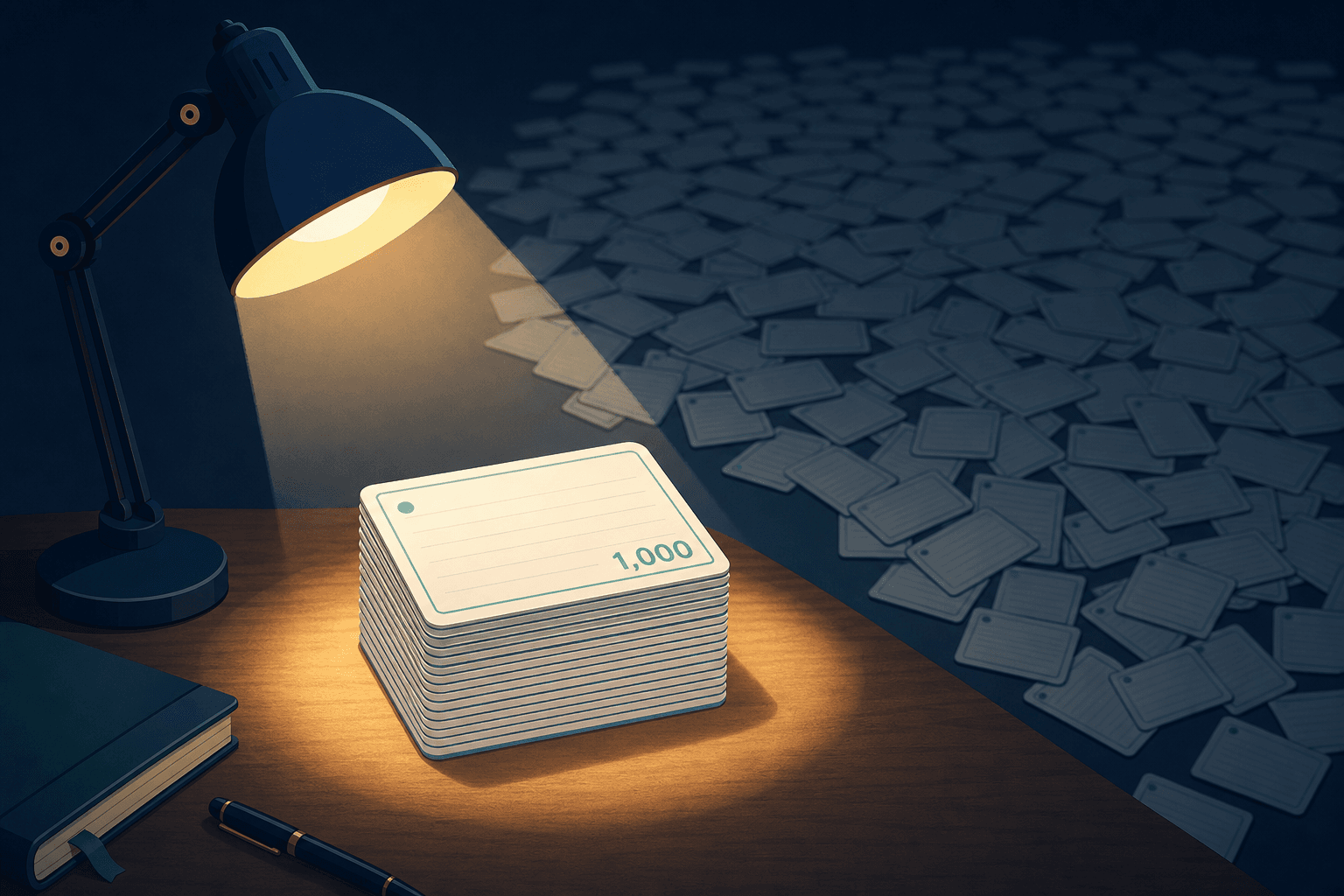A desk scene with a warm spotlight illuminating a small focused stack of about 10 flashcards with the number 1,000 on the top card, while hundreds of tiny scattered flashcards fade into the dark background.