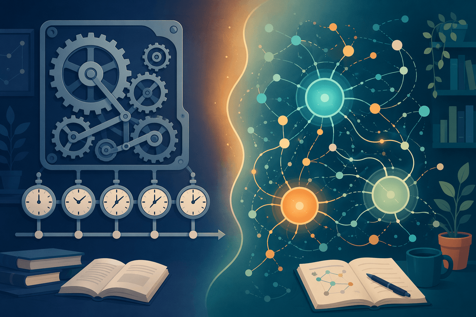 A flat vector illustration split into two halves: left side shows a rigid mechanical clockwork and evenly spaced gear teeth representing SM-2's fixed intervals, right side shows a flowing network of connected nodes of varying sizes representing FSRS's adaptive three-variable memory model, divided by a soft gradient.