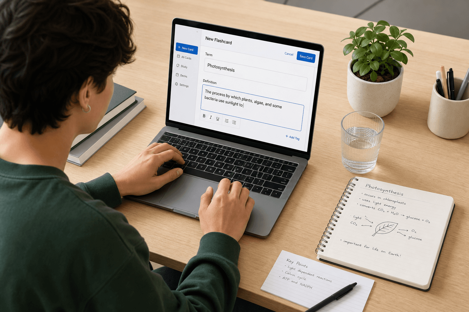A college-age student at a clean desk looking at a laptop showing a flashcard creation interface, with handwritten notes nearby.