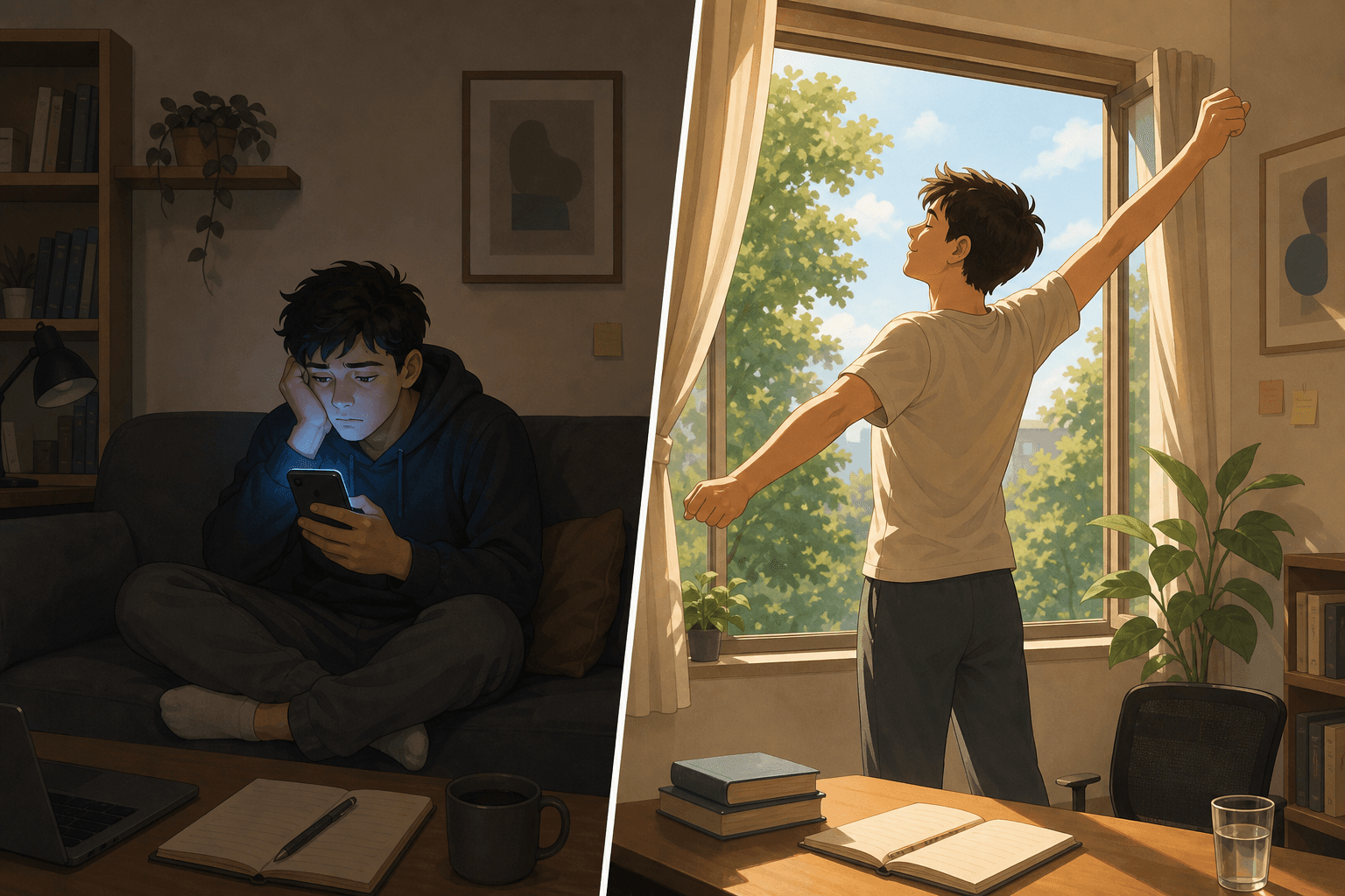 Split illustration: left side shows a student slumped on a couch staring at a phone; right side shows a student stretching by an open window looking at trees.