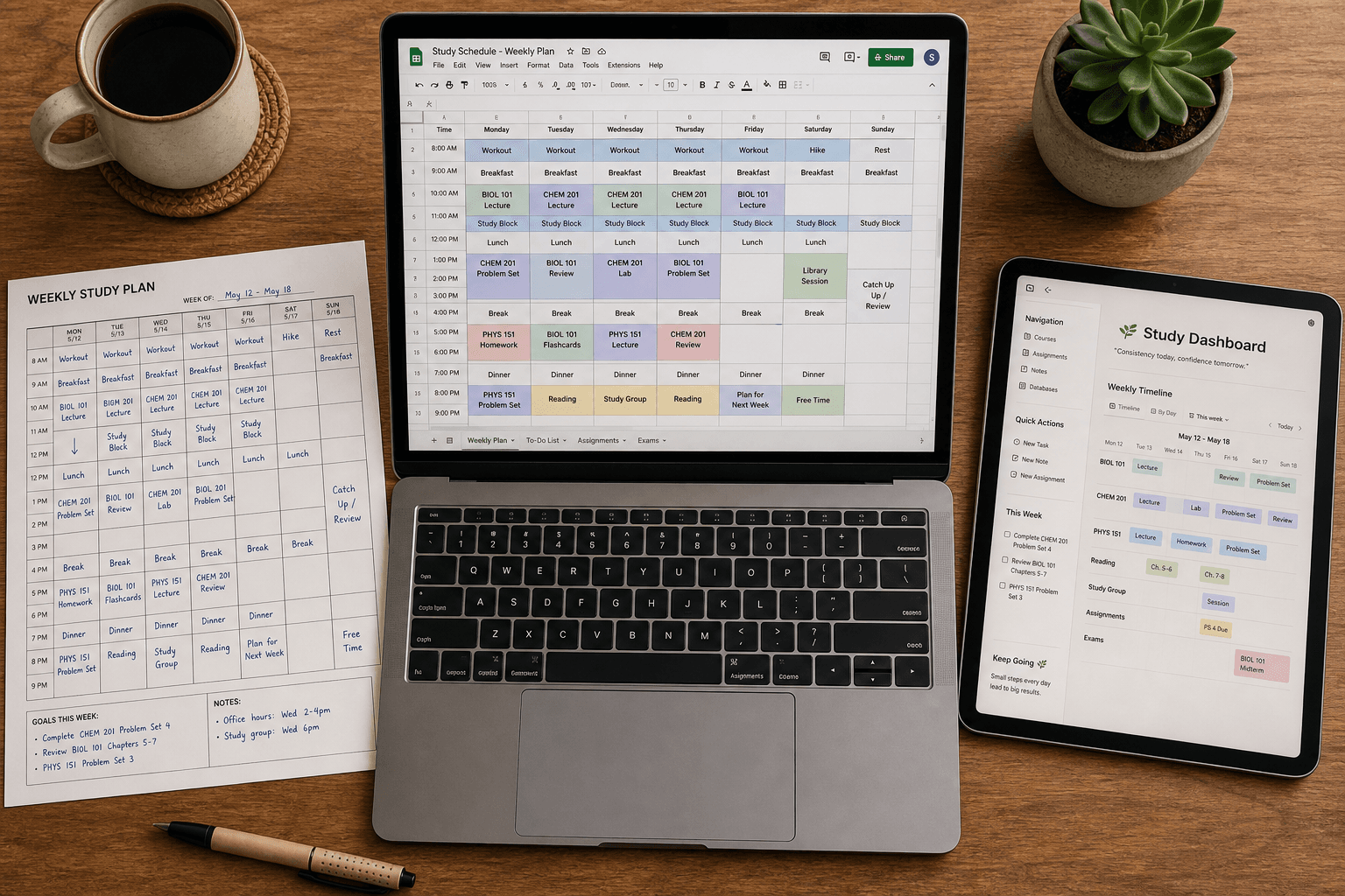 Flat‑lay composition showing a printed PDF weekly planner, a laptop with a Google Sheets schedule, and a tablet with a Notion dashboard.