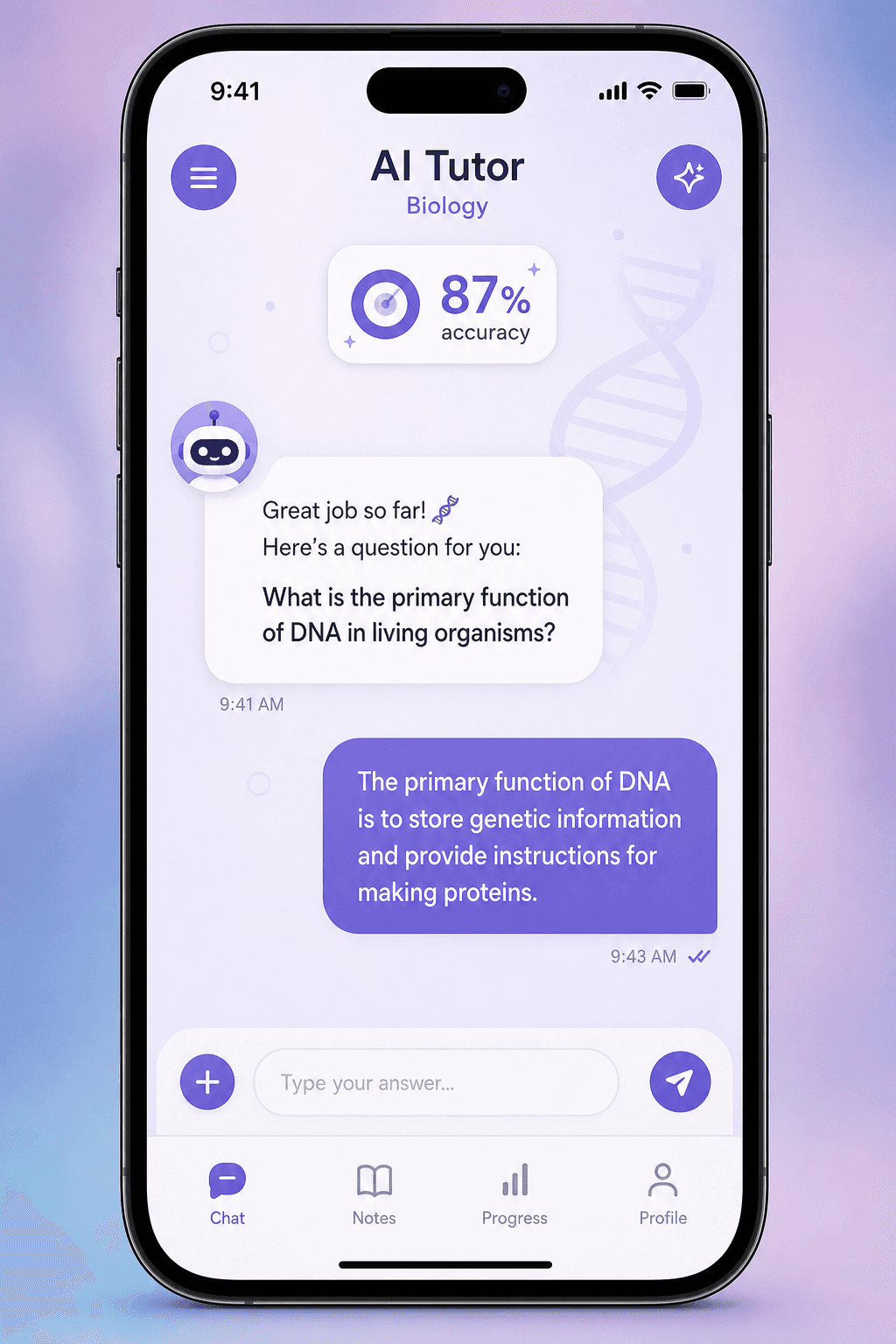 Close-up of a smartphone screen showing an AI tutor chat interface with purple accent colors, a chatbot bubble on the left asking a biology question, and a student response bubble on the right.