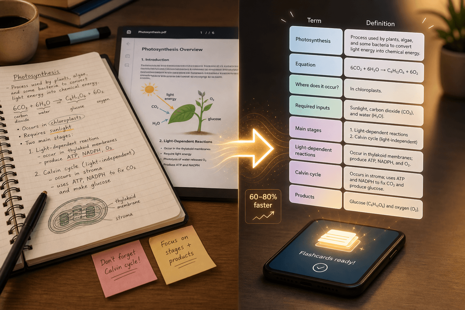 Split visual showing a messy notebook and printed PDF on the left, a glowing digital arrow in the center, and neatly arranged floating digital flashcards above a smartphone on the right.