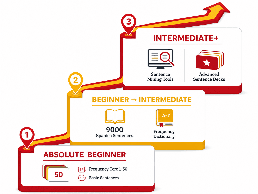 An ascending step illustration showing three levels of Spanish learner progression: 'ABSOLUTE BEGINNER' with a 50-card icon at the bottom, 'BEGINNER → INTERMEDIATE' with sentence deck icons in the middle, and 'INTERMEDIATE+' with sentence mining icons at the top, accented with Spanish flag colors.