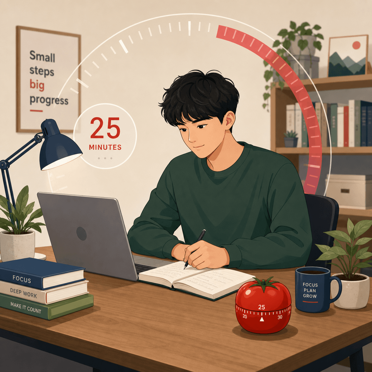 A calm study setup with a tomato-shaped timer on a desk, featuring a focused student with a laptop and notebook.