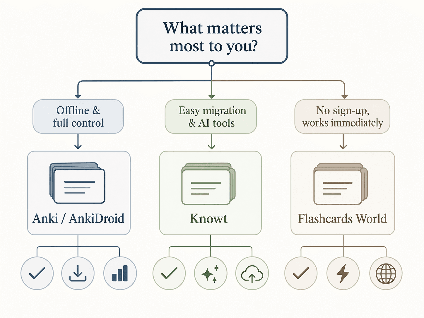 Decision flowchart for choosing a free flashcard app, starting with the question 'What matters most to you?' and branching into three paths: Offline & full control leading to Anki/AnkiDroid, Easy migration & AI tools leading to Knowt, and No sign-up works immediately leading to Flashcards World.