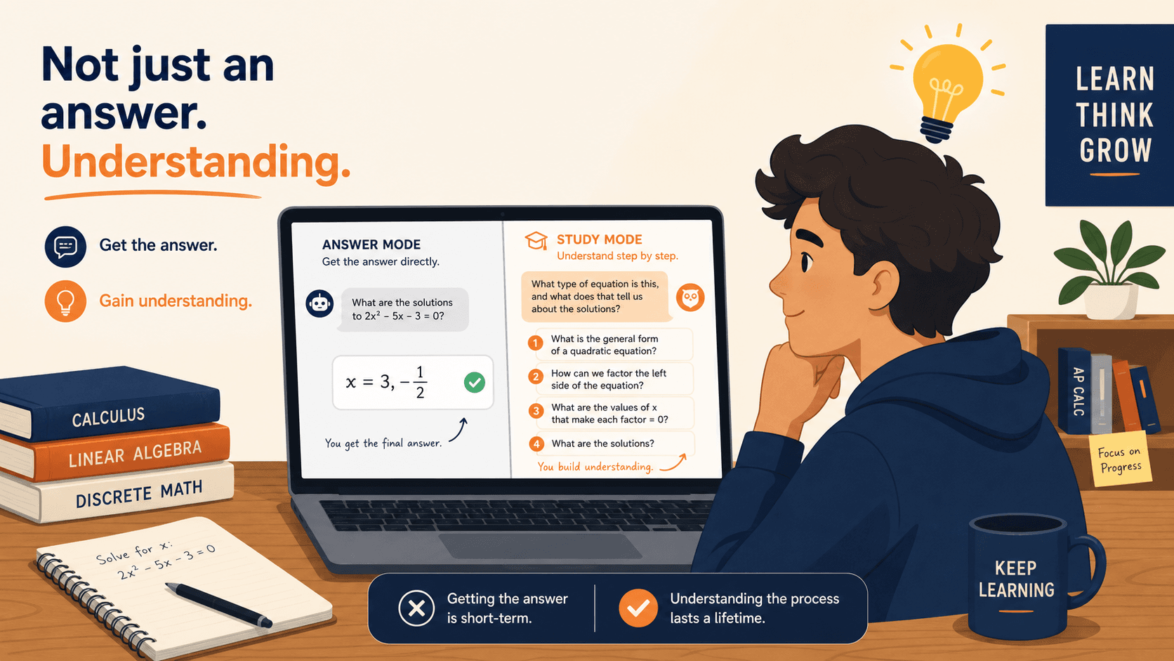 A college student at a desk with a laptop showing a split screen: left side is a direct answer from a chatbot, right side shows Study Mode with Socratic guiding questions. A lightbulb glows above the student's head.