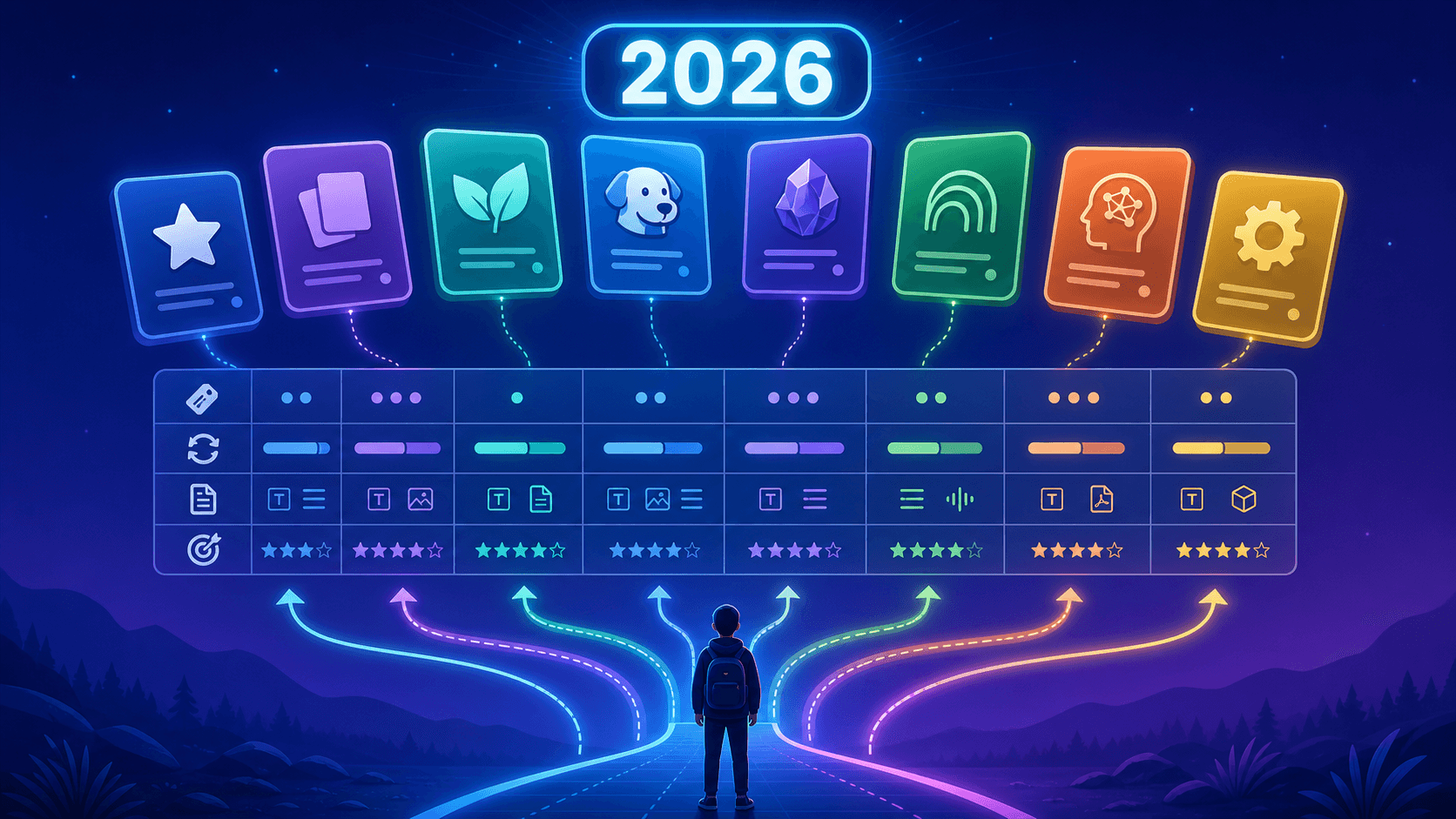 A 2026 comparison infographic showing floating flashcard icons for Anki, Quizlet, Knowt, StudyFetch, RemNote, NotebookLM, Brainscape, and Gizmo connected by neon lines to a feature matrix table.