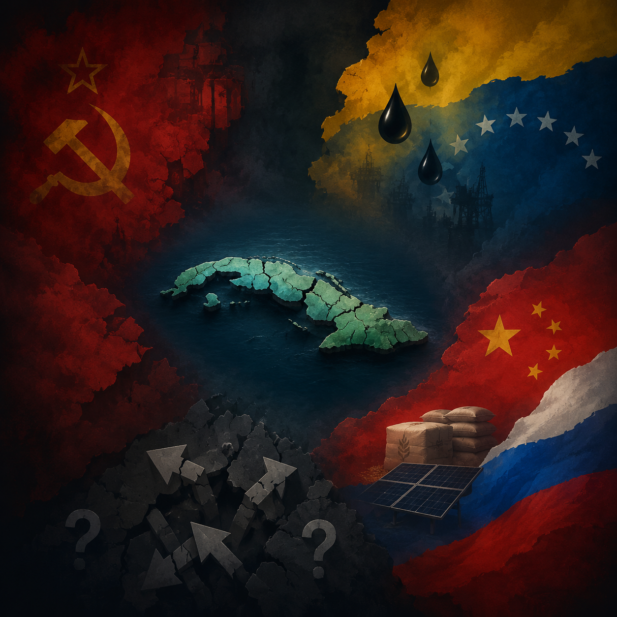 Small island surrounded by Soviet, Venezuelan, China-Russia, and fragmented alliance zones
