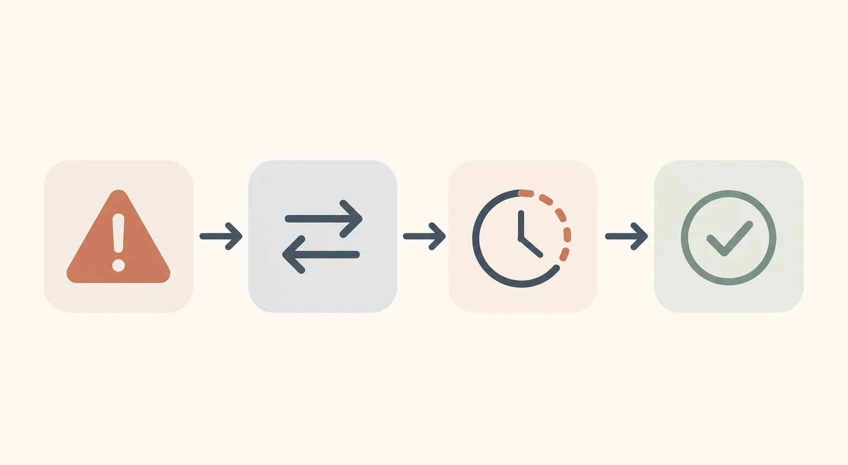 Four-step workflow showing outage detection, switching tools, timed progress, and verification