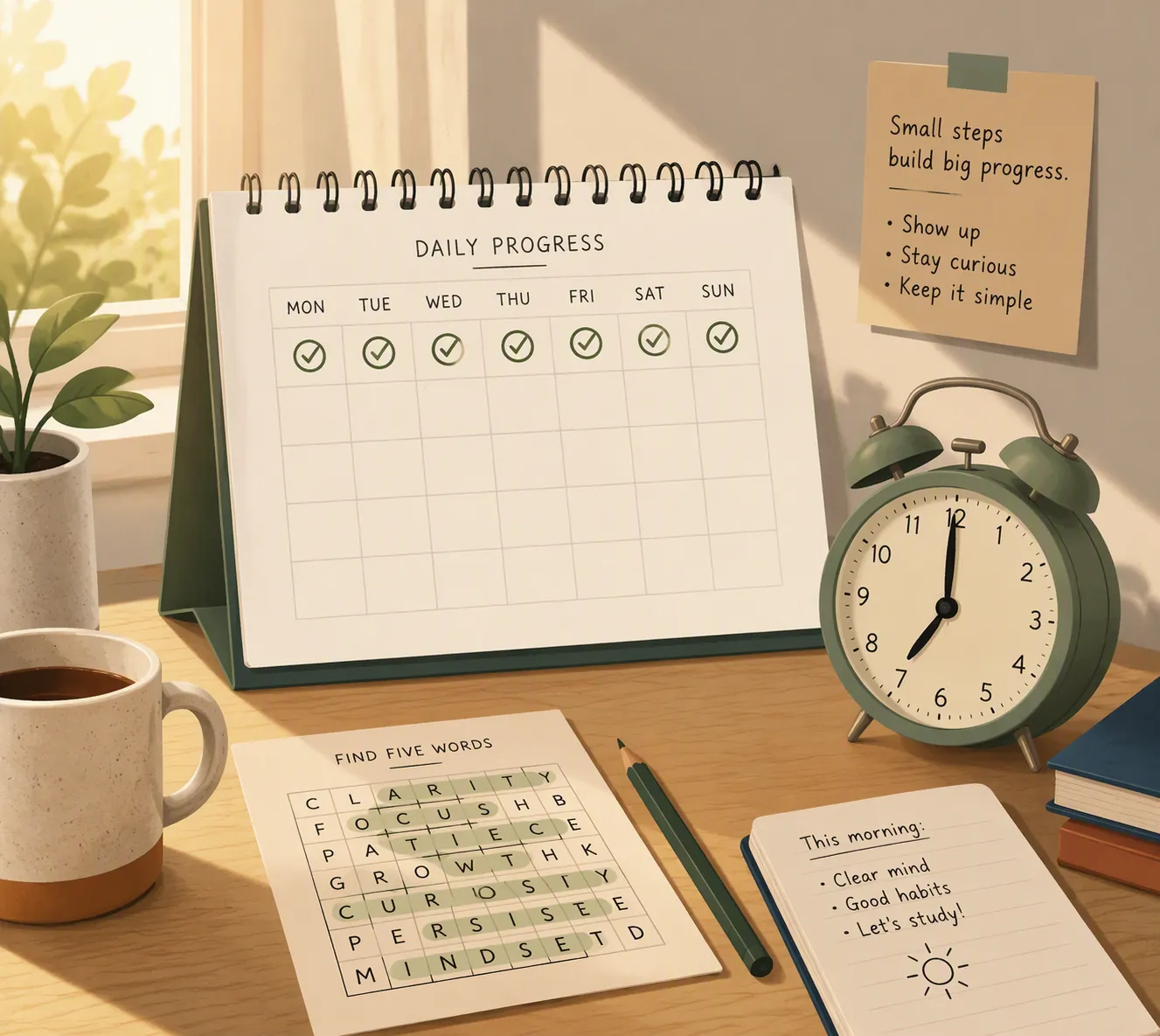 A calendar with consecutive checkmarks, a small word-puzzle tile, and an alarm clock in morning light