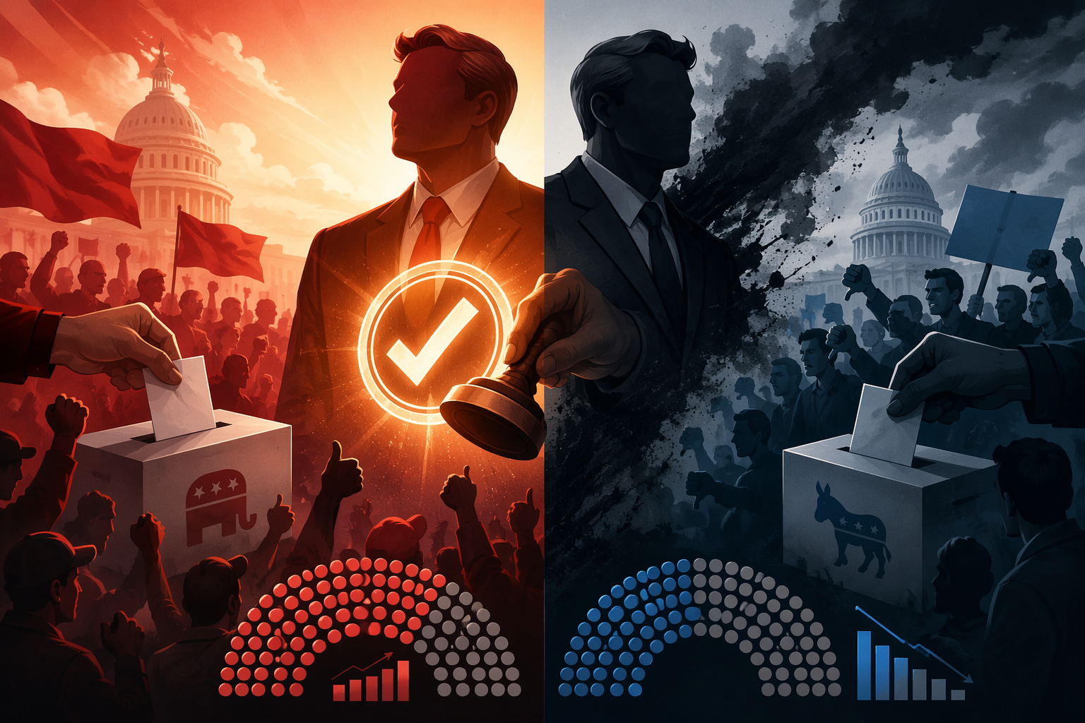 Split-screen illustration contrasting Republican primary success with general-election backlash after a Trump endorsement