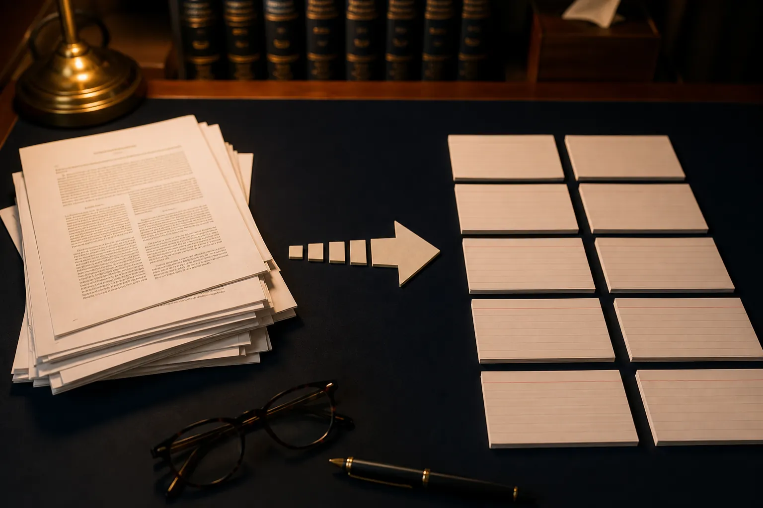 A finite stack of Supreme Court opinion printouts beside blank rule cards on a law student's desk