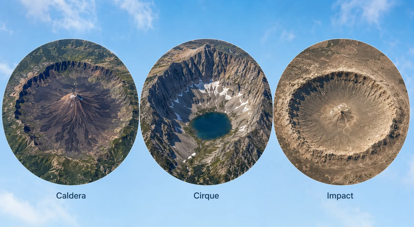 Comparison of a volcanic caldera, a glacial cirque, and an impact crater from satellite perspective