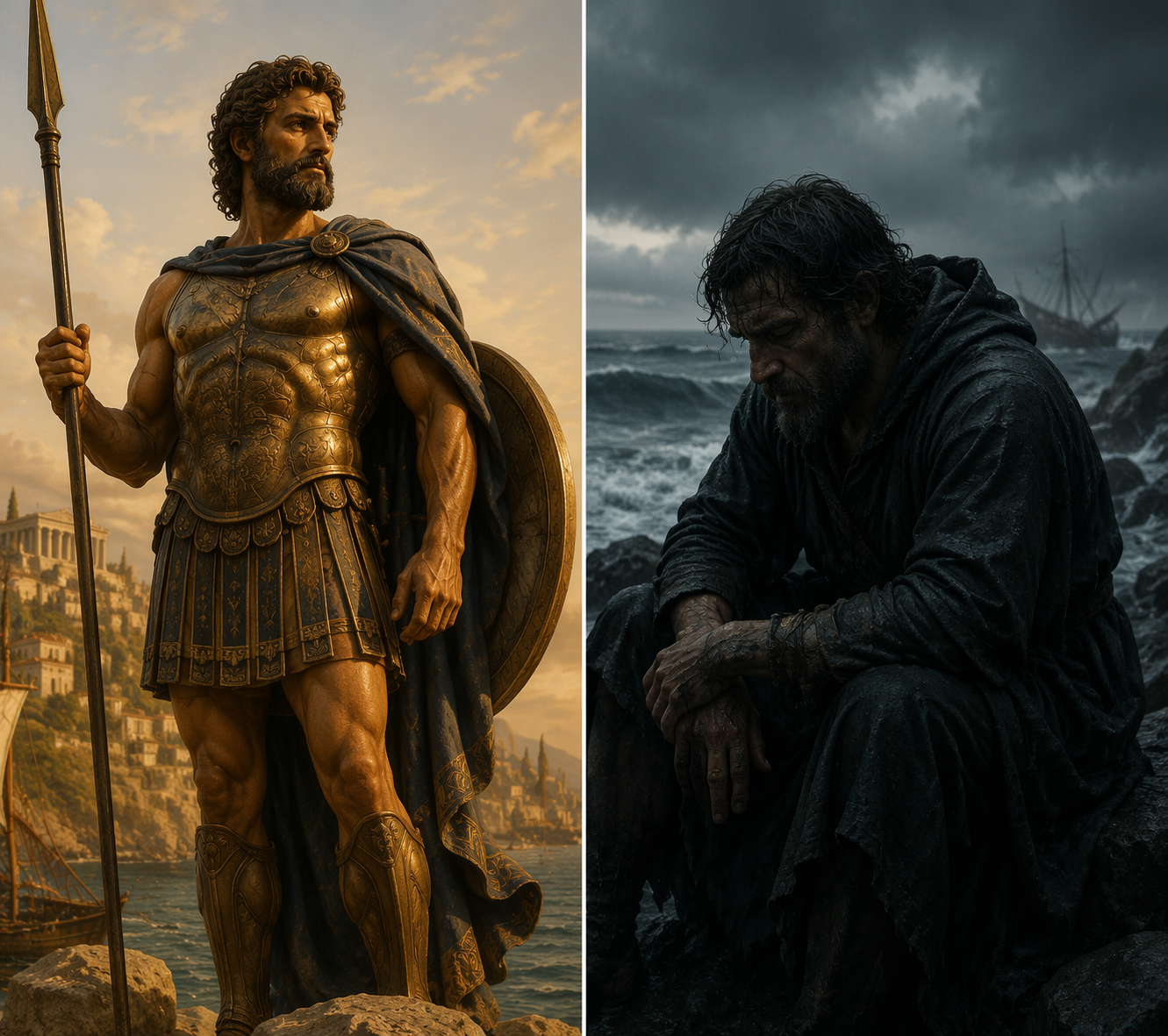 Split comparison of a classical warrior hero and a hooded figure seated on a stormy shore