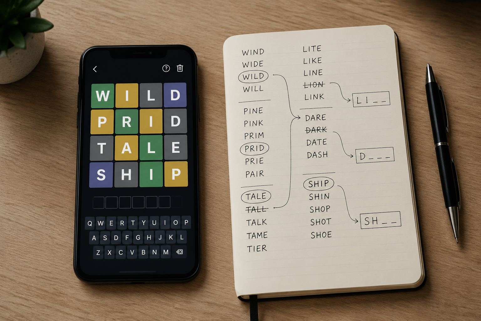 Smartphone word-tile puzzle beside a notebook of circled candidate groups