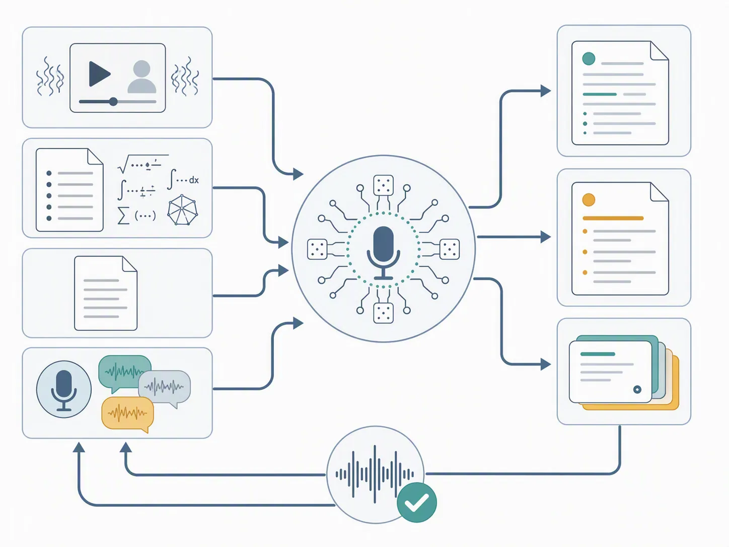 Workflow diagram showing lecture audio, jargon-heavy material, PDF, and voice memo becoming transcripts, summaries, and flashcards with verification loop