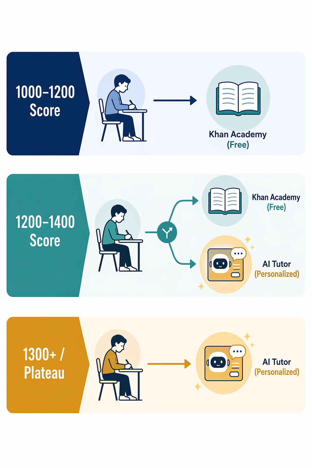 Decision lanes showing SAT score ranges leading to Khan Academy, AI tutoring, or a combined approach