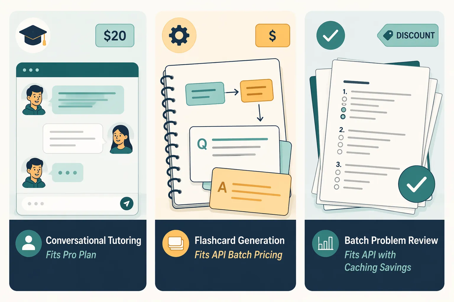 Comparison of Claude Pro tutoring, API flashcard generation, and API batch problem review