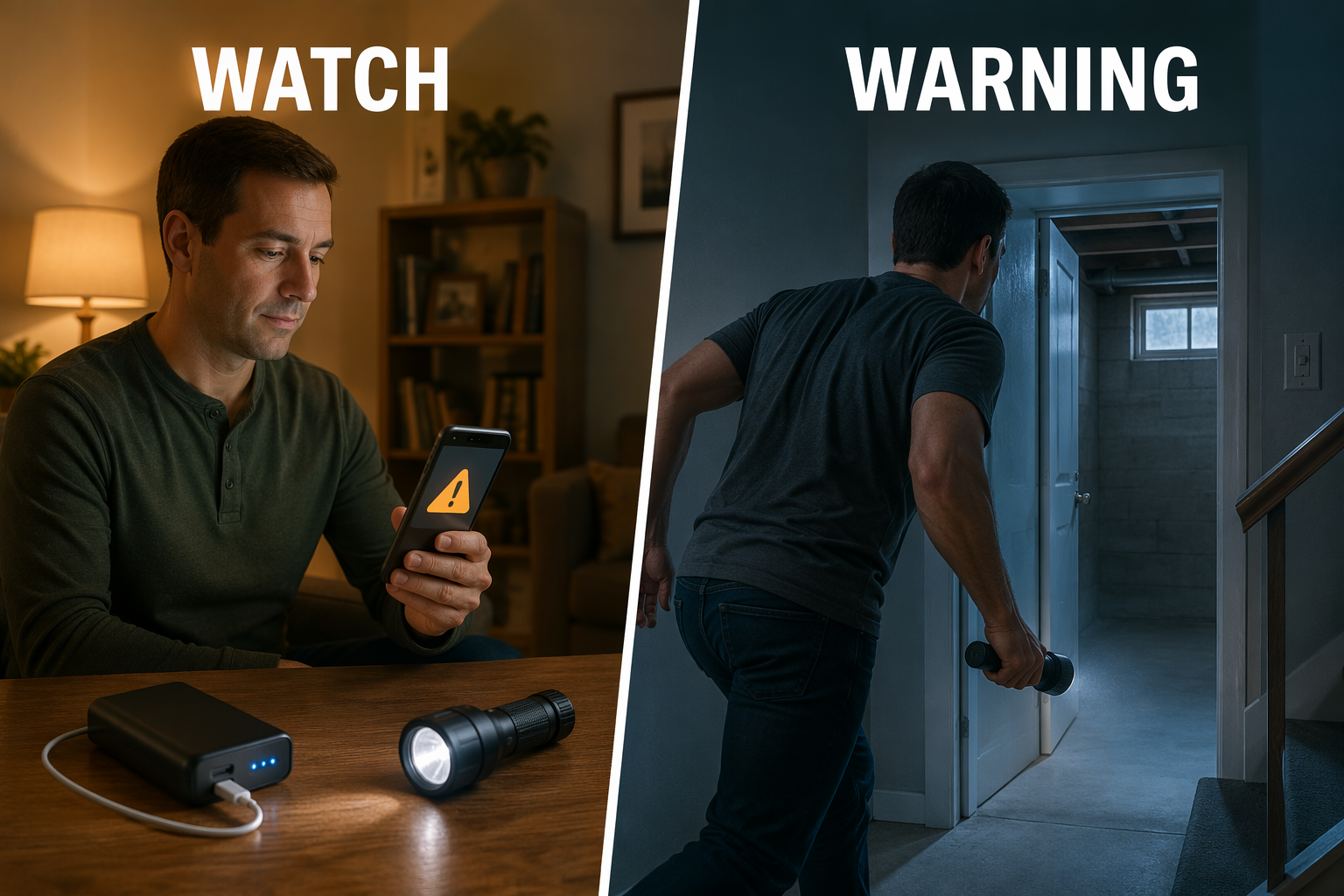 Split illustration showing watch preparation on one side and warning sheltering on the other.
