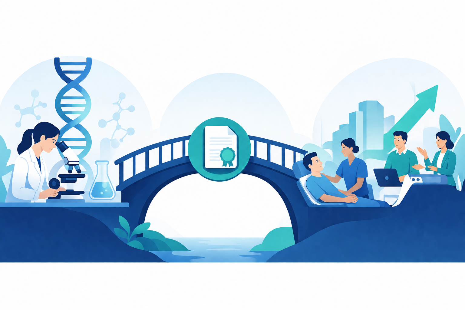Illustration of laboratory research connected by a patent bridge to patients, medical technology, and startup impact