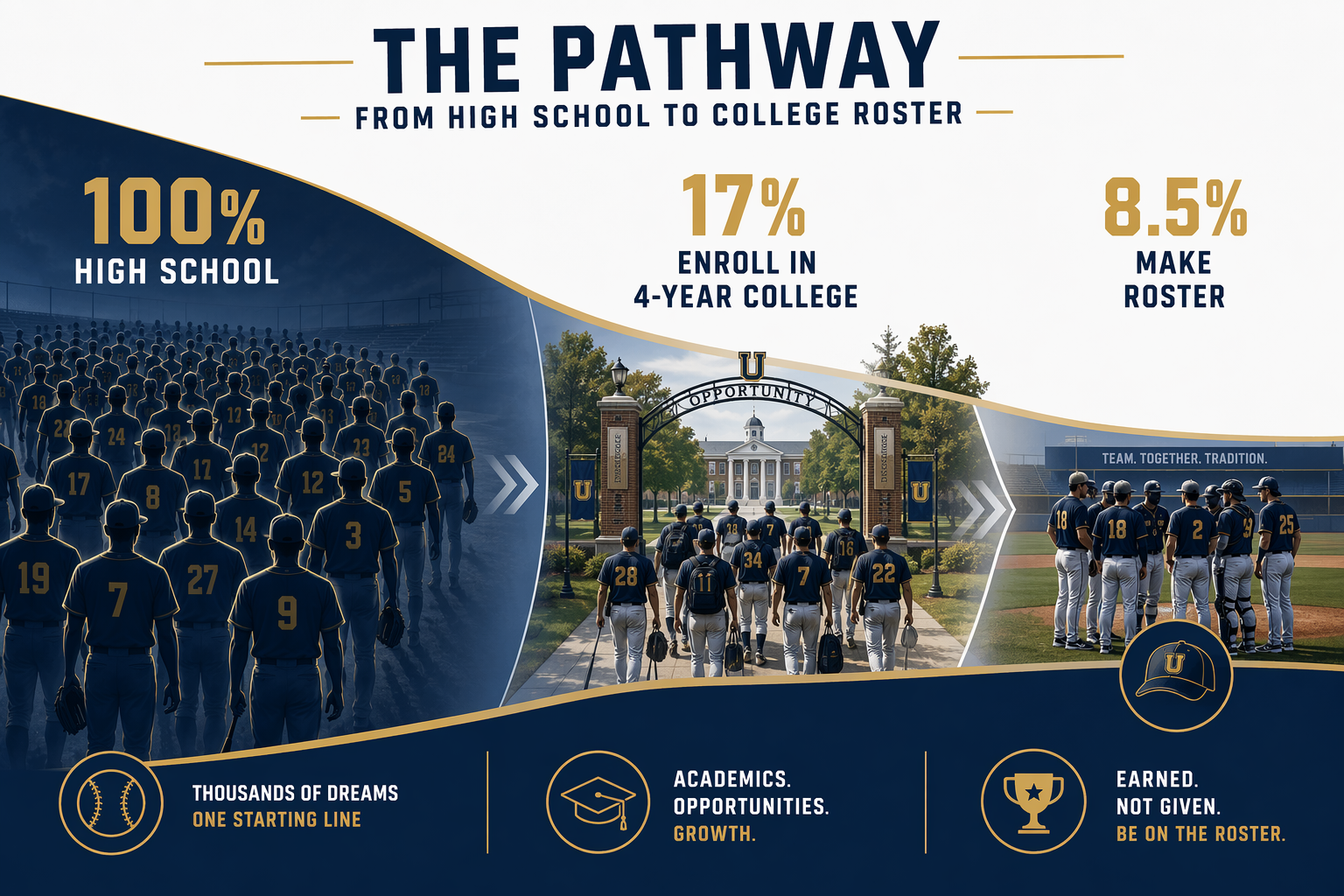 Funnel showing high school baseball players narrowing toward four-year college roster spots