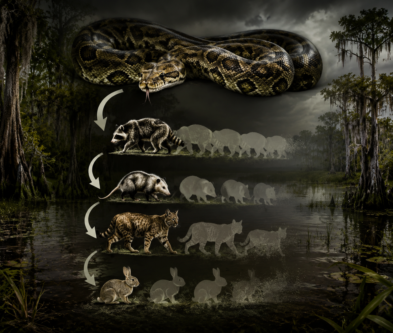 A conceptual editorial illustration showing a trophic cascade with a Burmese python silhouette above fading silhouettes of raccoon, opossum, bobcat, and rabbit.