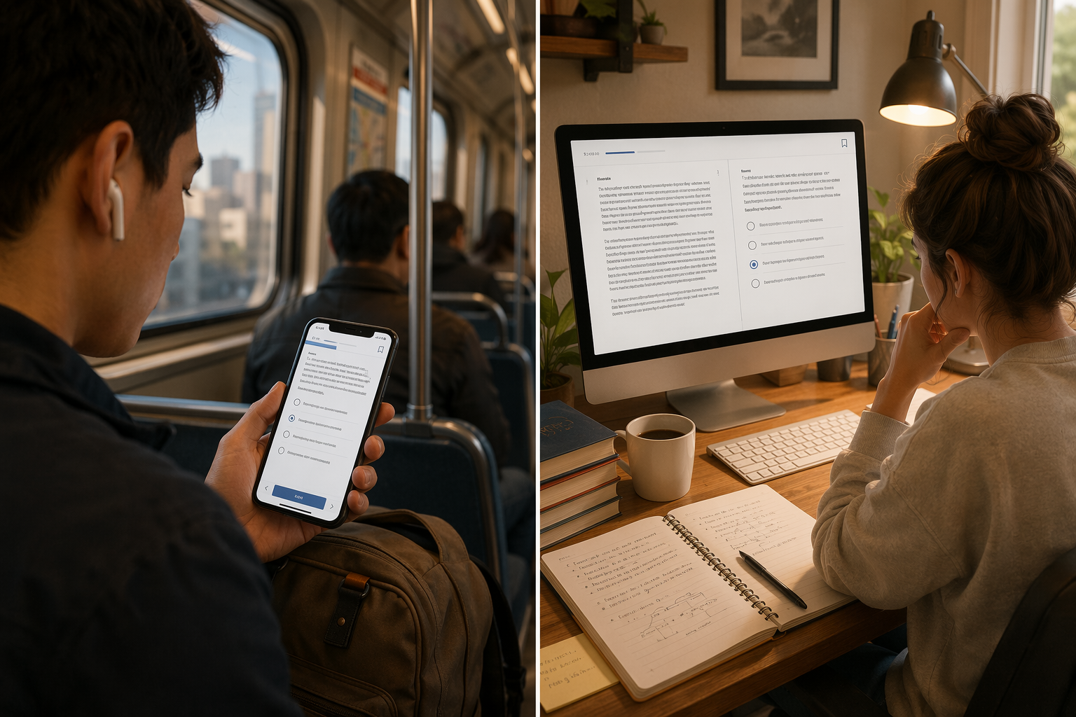 Commuter studying LSAT on a phone compared with desktop LSAT study at home