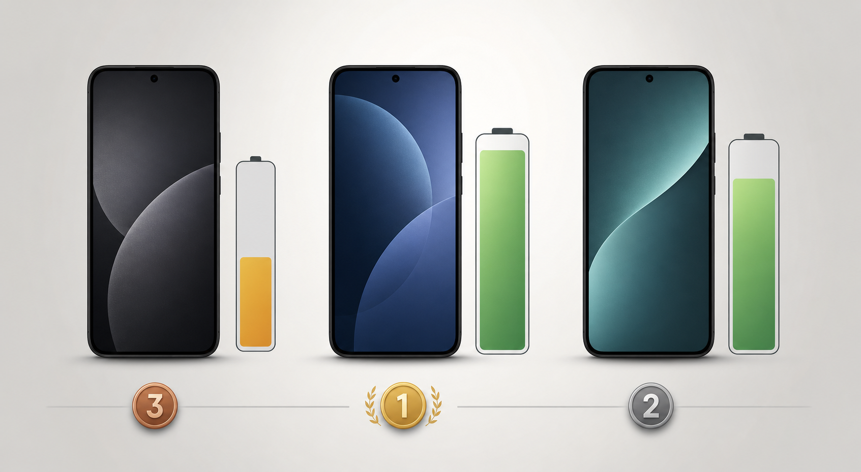 Three smartphone silhouettes with different battery indicator levels comparing endurance across devices