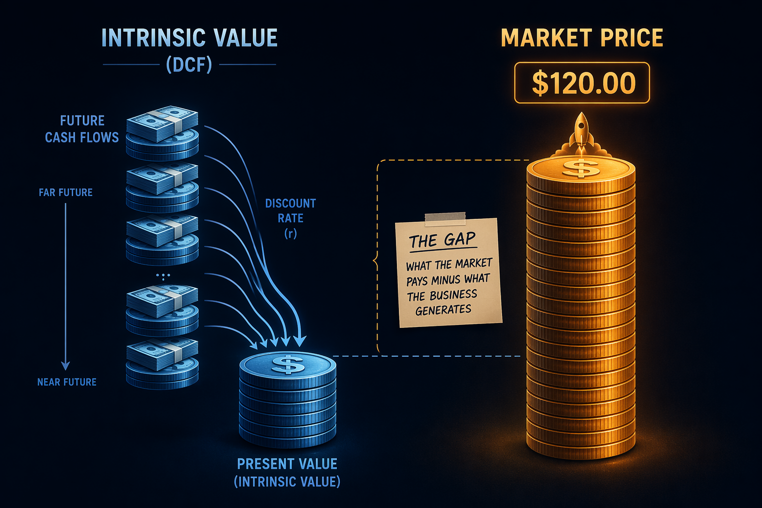 Discounted cash flow value stack compared with a taller market price stack, highlighting the gap