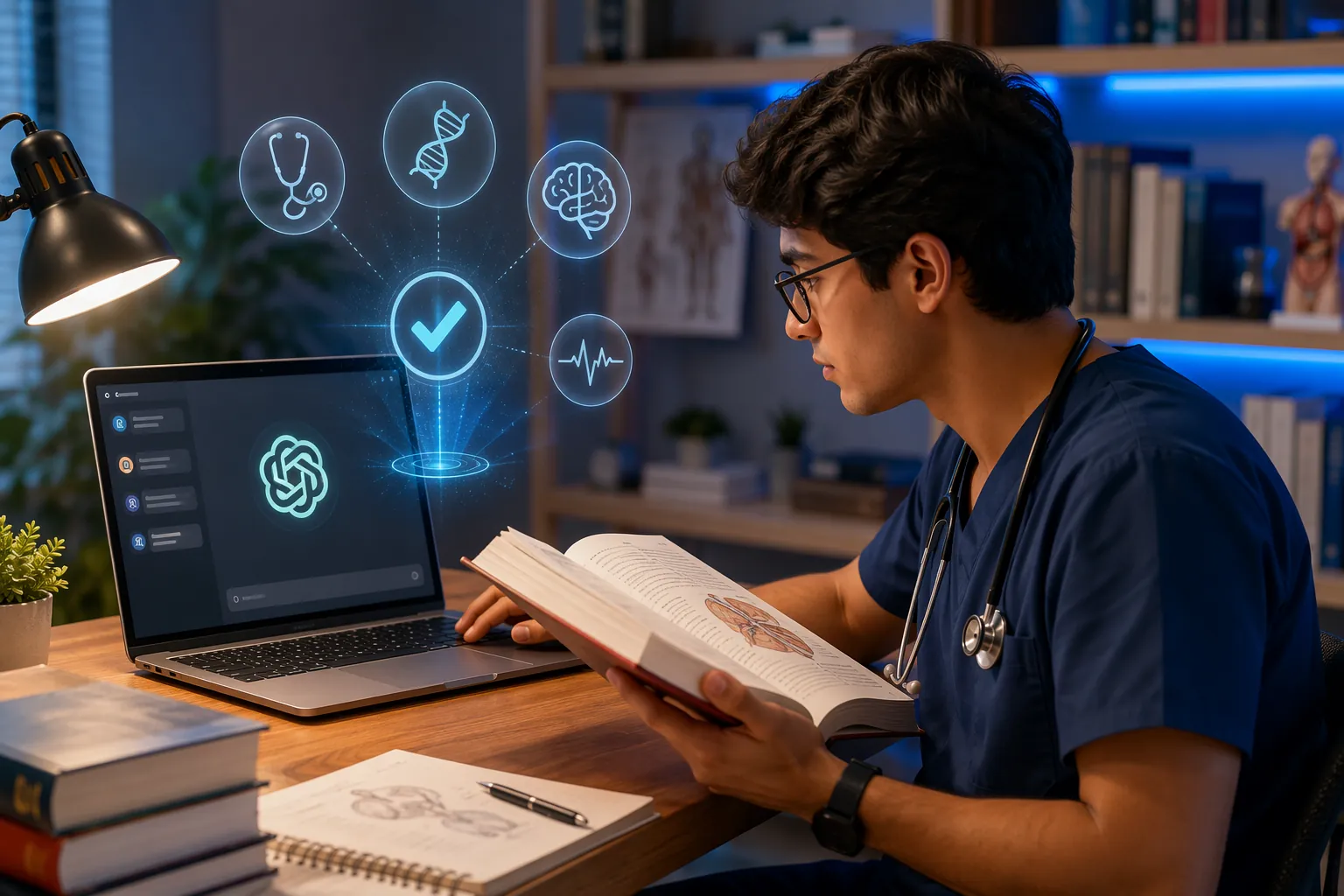Medical student using ChatGPT while cross-referencing a textbook