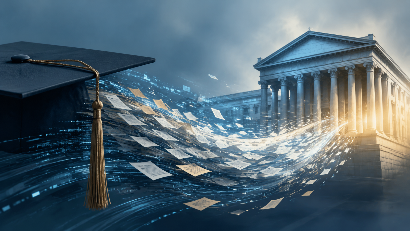 Treasury building silhouette with student loan documents and data flowing from a graduation cap