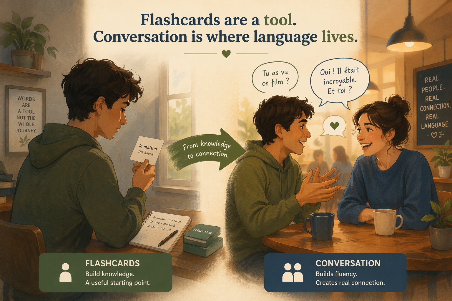 A warm editorial illustration split into two scenes: on the left a person studying alone with a small flashcard, and on the right the same person engaged in a lively two-person conversation with speech bubbles, connected by a soft arrow showing the progression from flashcards to real communication.