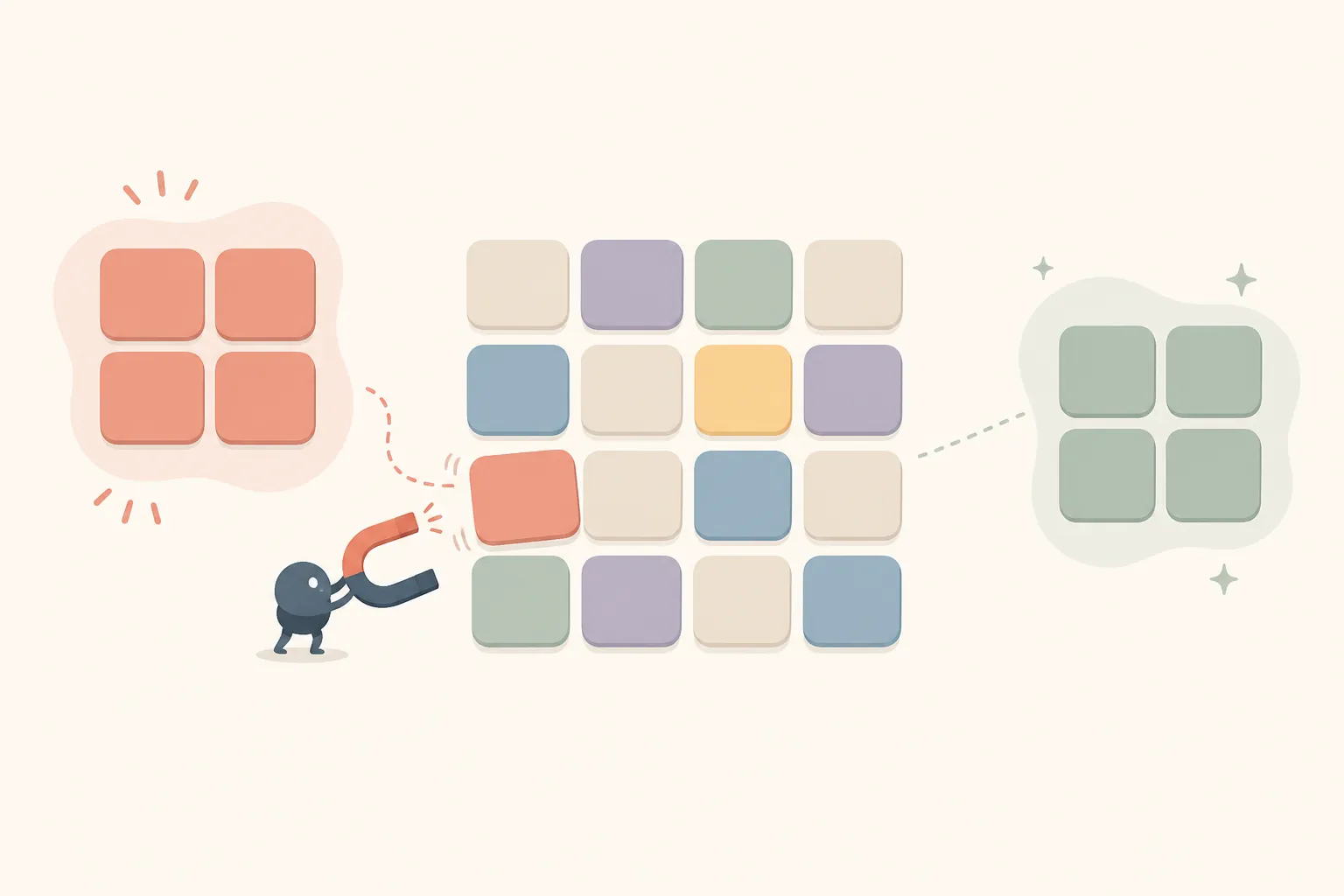 A word tile being pulled toward a tempting but wrong cluster while the correct grouping is shown separately