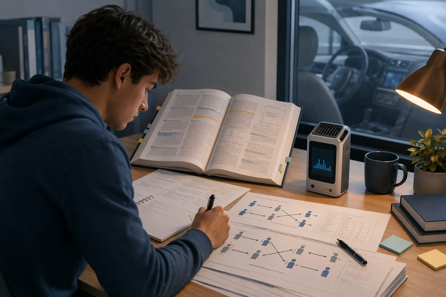Student studying research papers with a crossover study diagram, air quality monitor, and car cabin in the background