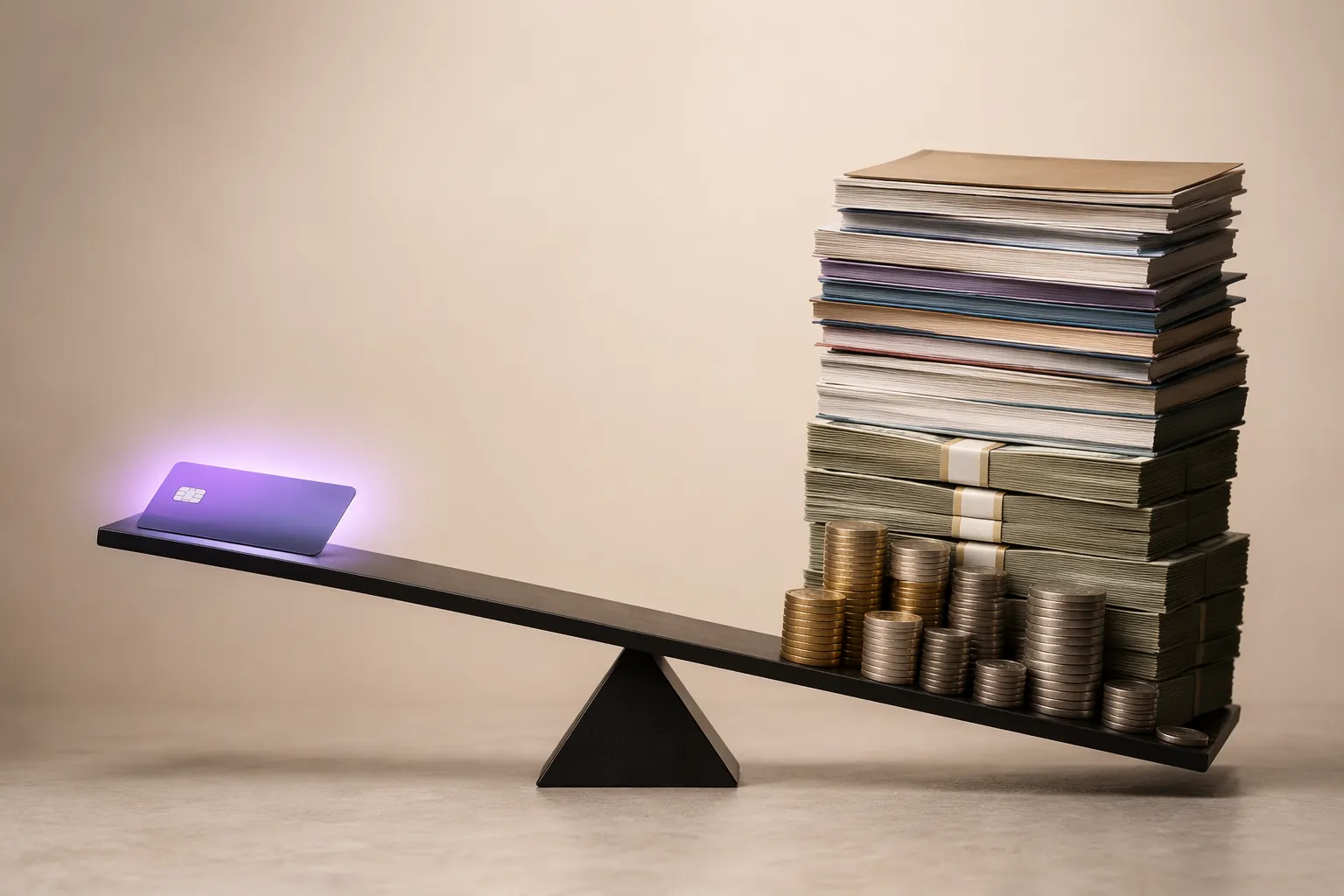 Balance scale comparing a glowing credit card with a larger stack of cash and course brochures