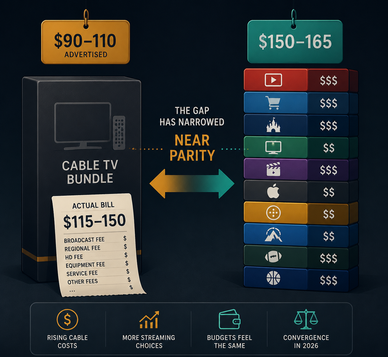 Comparison of cable pricing and a full streaming bundle showing cable at $115 to $150 actual cost and streaming at $150 to $165
