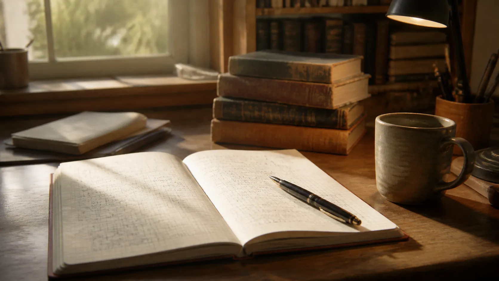 Notebook filled with handwritten equations, a pen, coffee, and reference books on a mathematician's desk