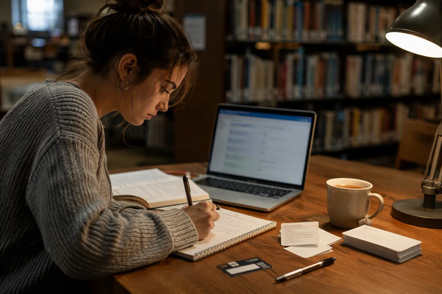 A student studying at a library desk with a laptop, notebooks, flashcards, a library card, and tea under warm desk light