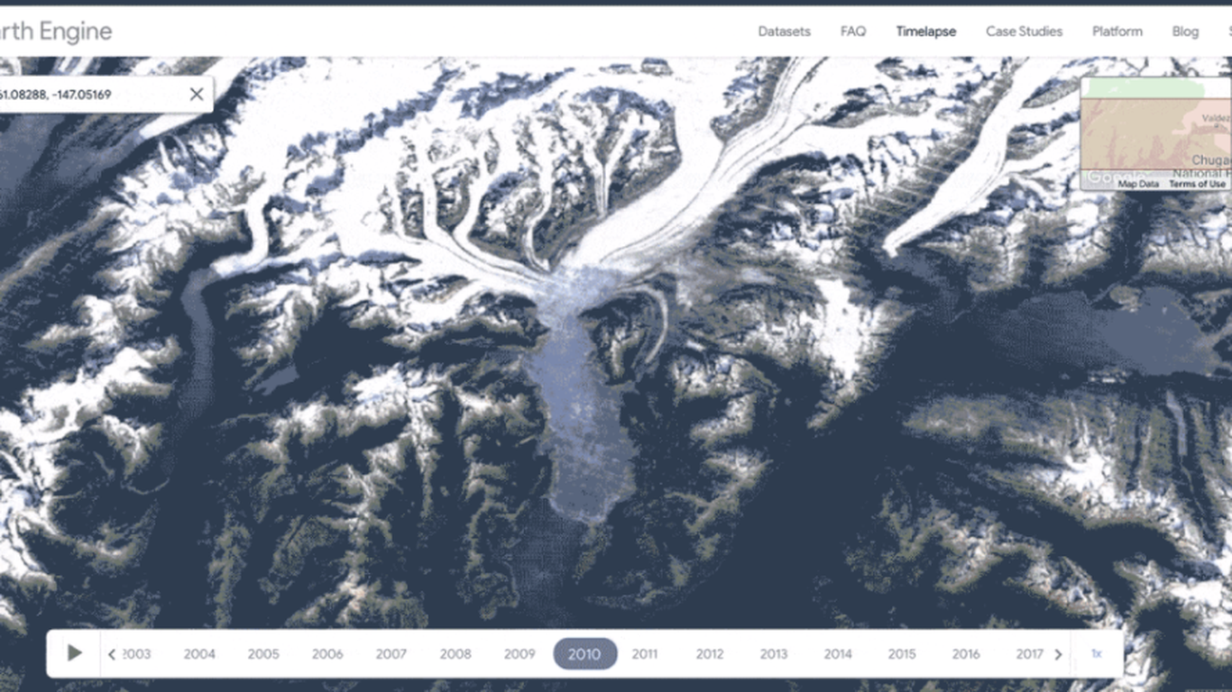 Side-by-side Google Earth Timelapse satellite comparison showing environmental change over decades