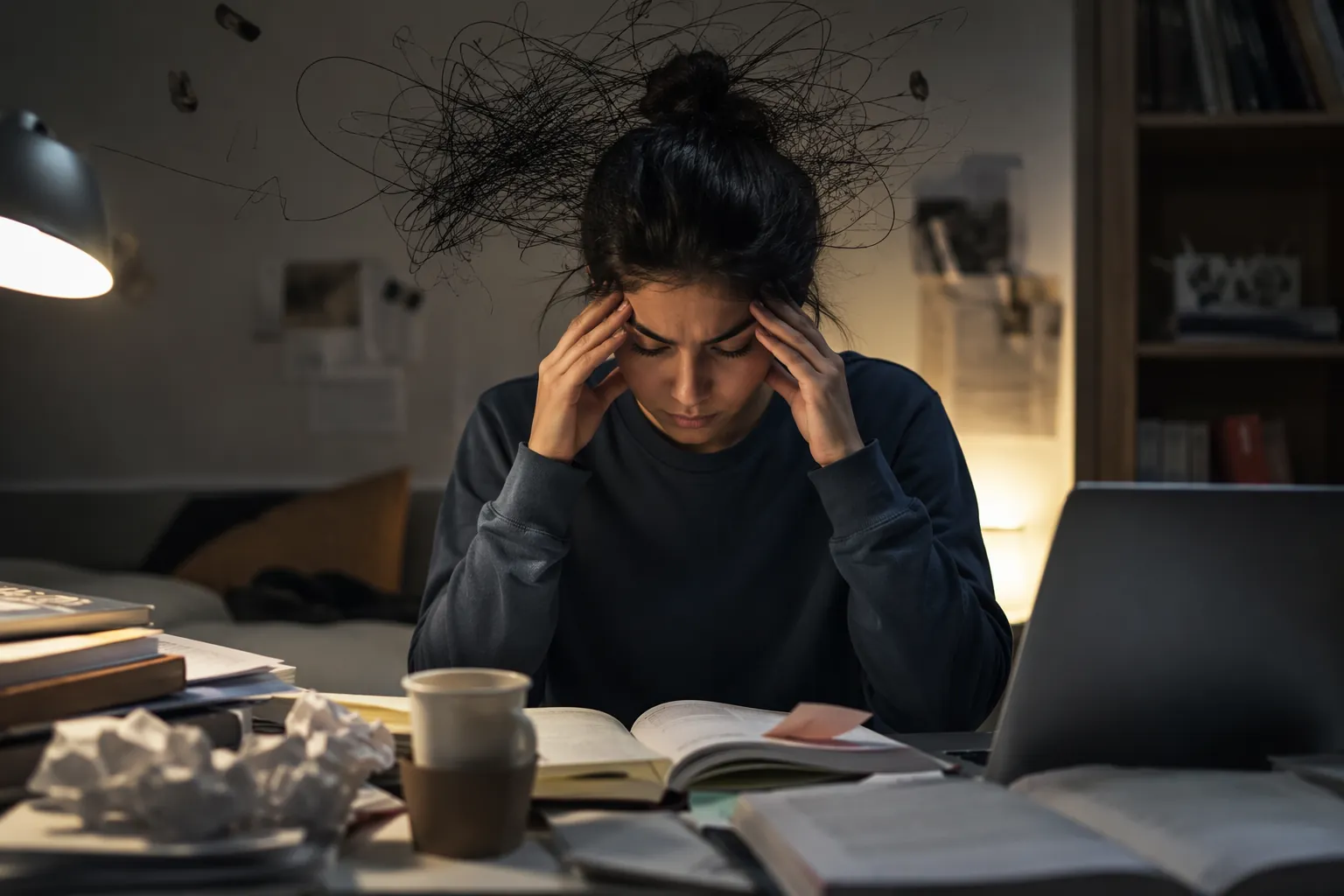 A tired student sits at a desk with open textbooks, a laptop, scattered papers, and an empty coffee cup