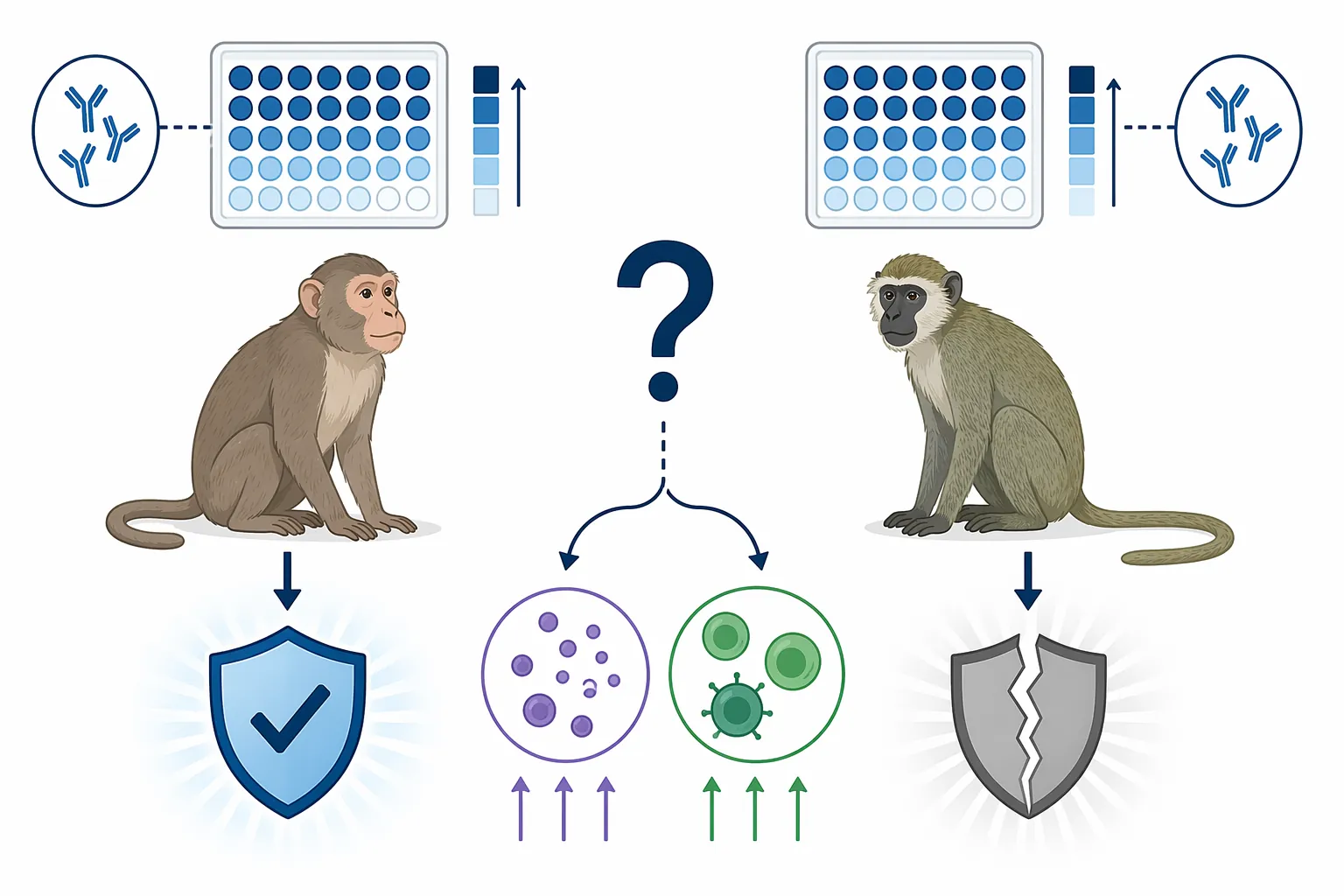 Cynomolgus and African green monkey comparison showing similar antibody titers but different protection outcomes with T-cell and cytokine symbols