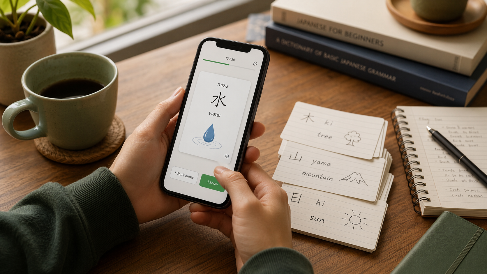 A warm study scene at a wooden desk showing a smartphone displaying a flashcard app with a foreign word and illustration, alongside a small stack of physical handwritten flashcards, a coffee cup, and a notebook under soft natural lighting with muted green and blue tones.