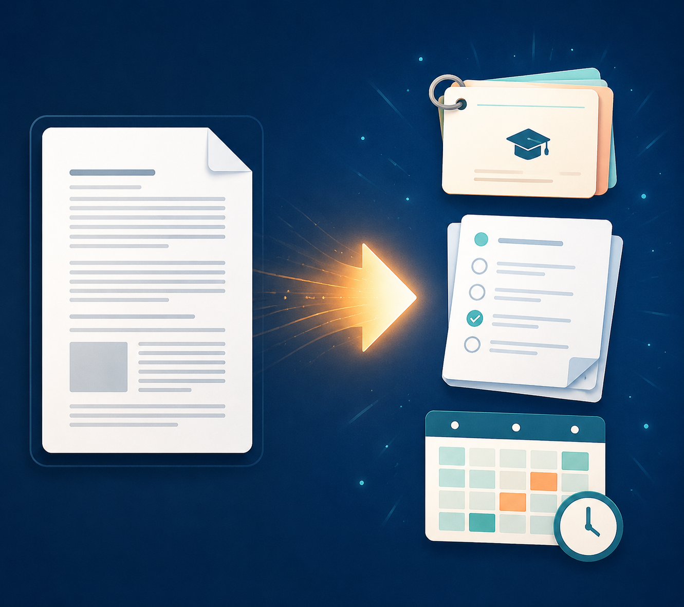 A PDF transforming into flashcards, practice questions, and a spaced repetition schedule