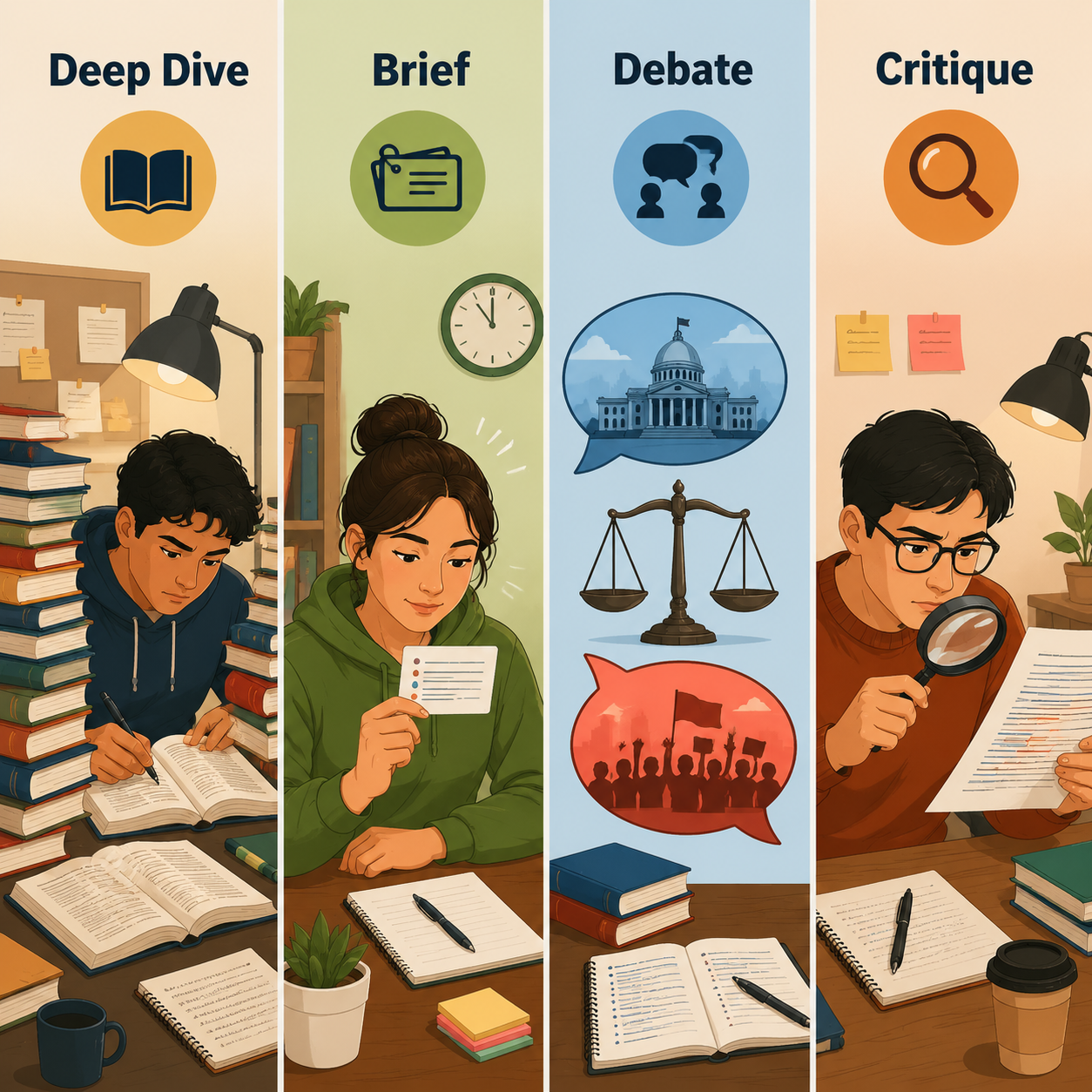 Four-panel comparison of Deep Dive, Brief, Debate, and Critique Audio Overview formats for exam review