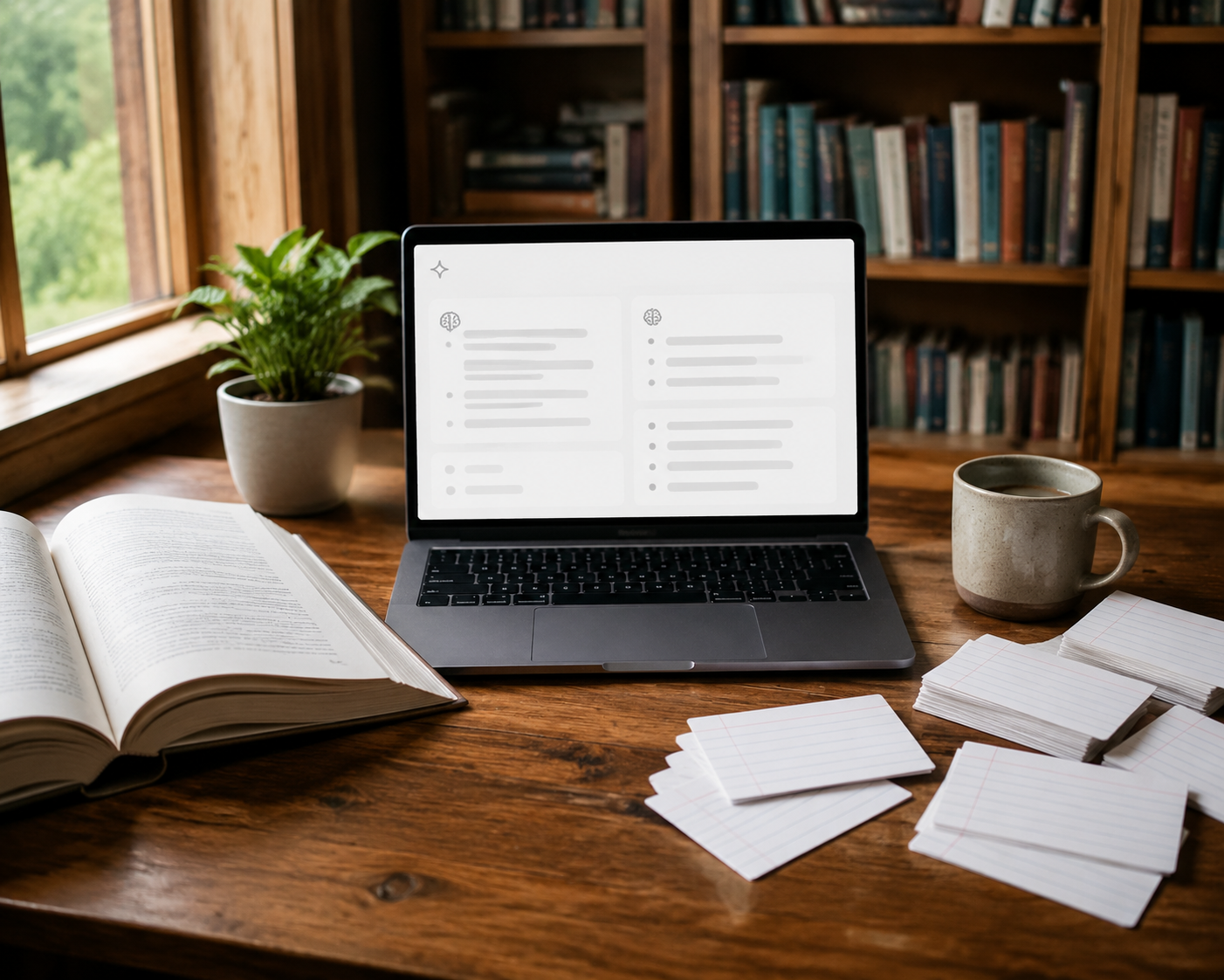 Open textbook, laptop AI summary, and flashcards arranged as a study workflow