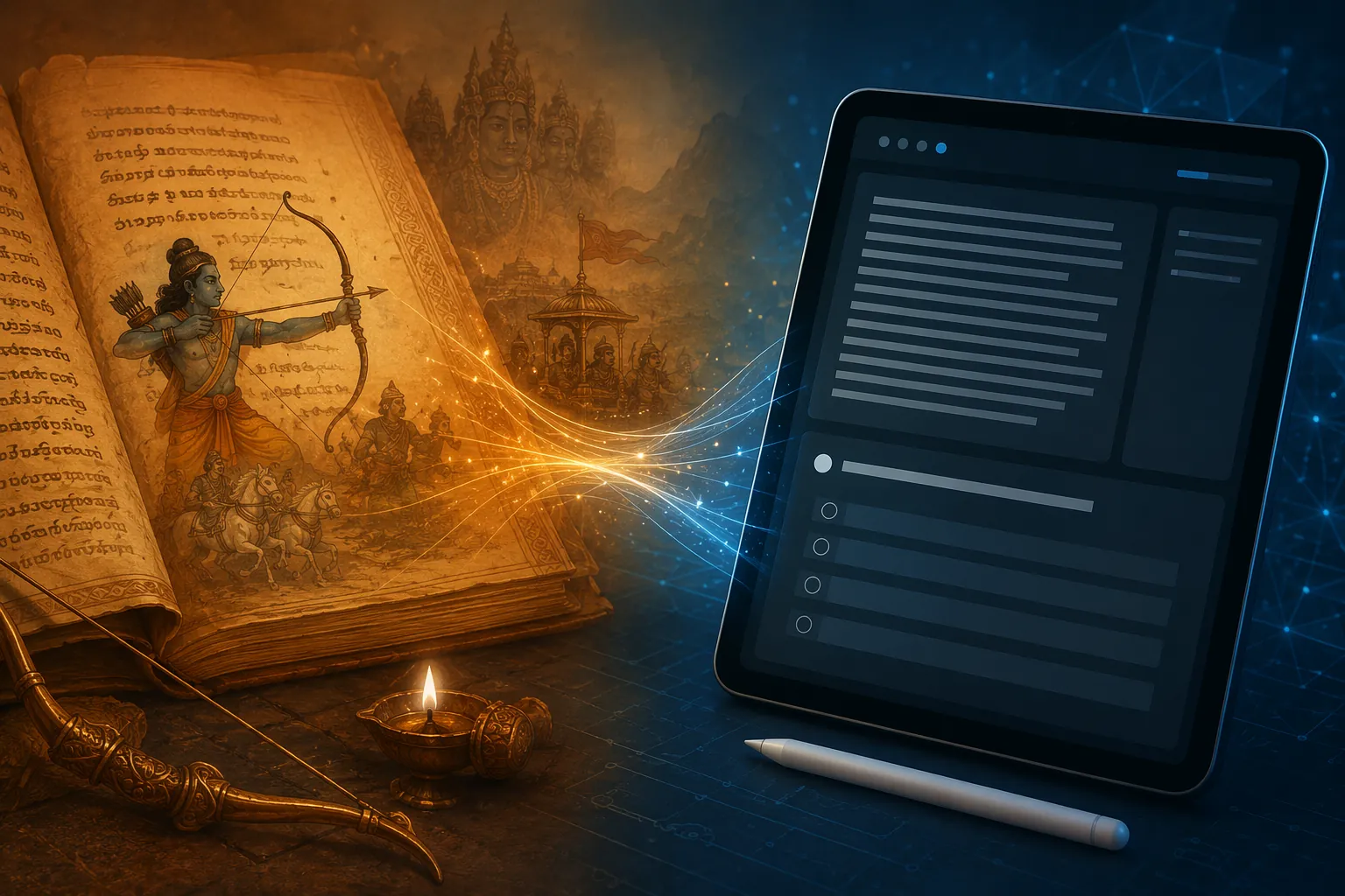 Ancient manuscript and modern SAT reading interface connected by light